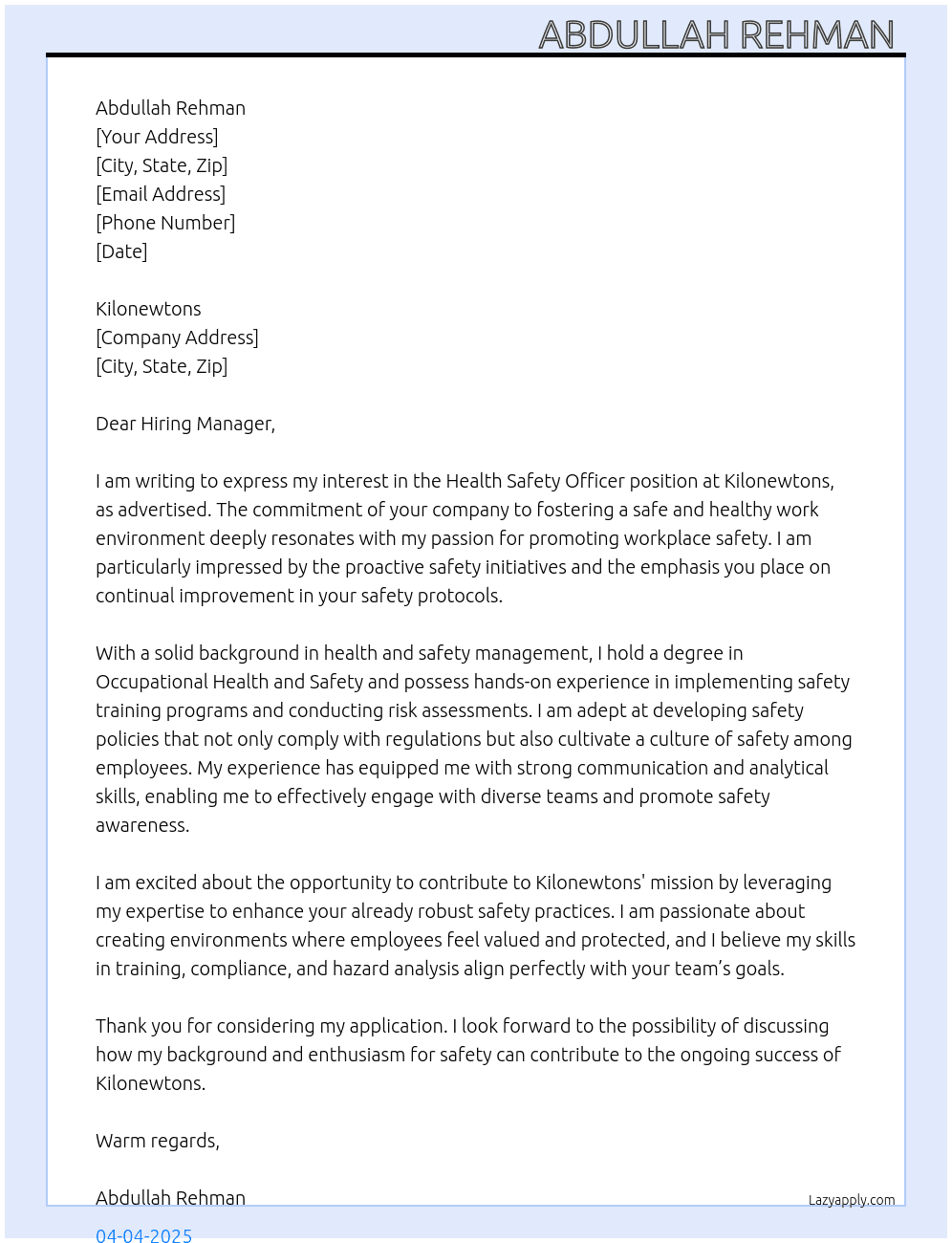 Health safety officer  At Kilonewtons Cover Letter