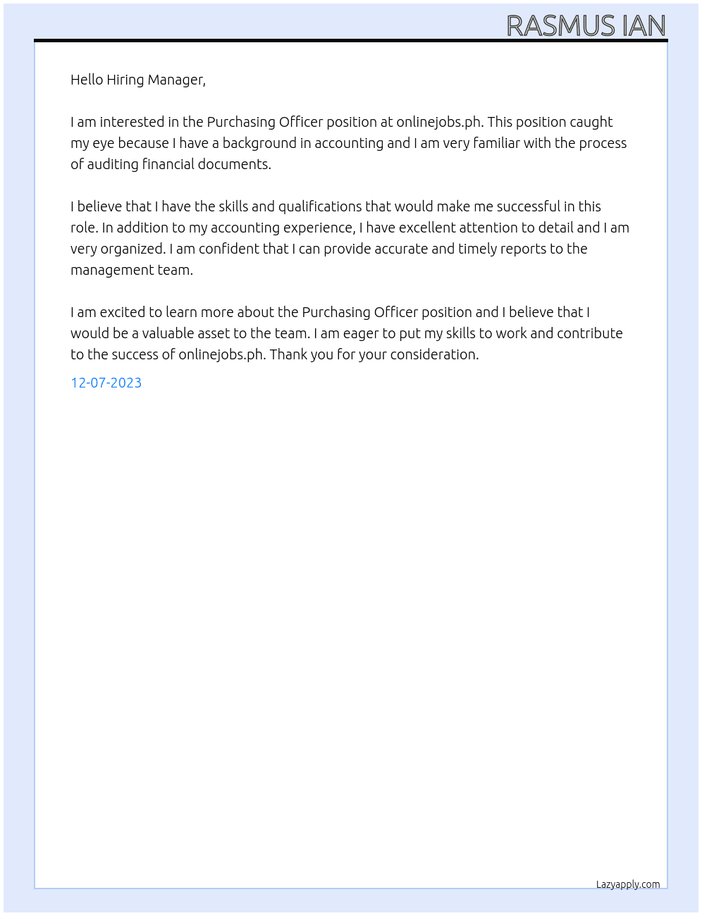 Purchasing Officer  At onlinejobs.ph Cover Letter