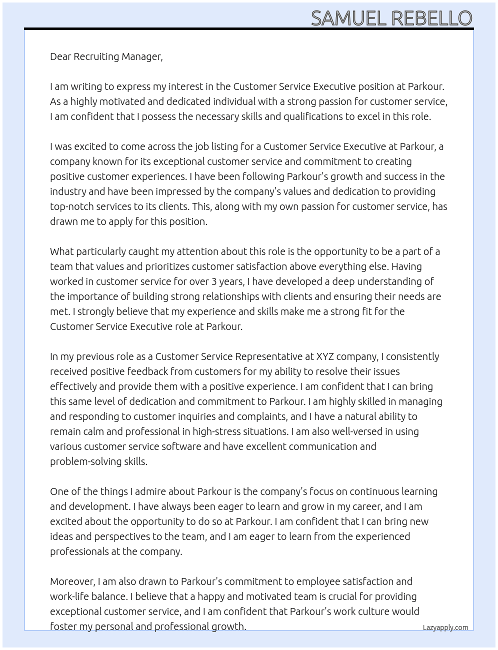 Customer Service Executive  At Parkour Cover Letter