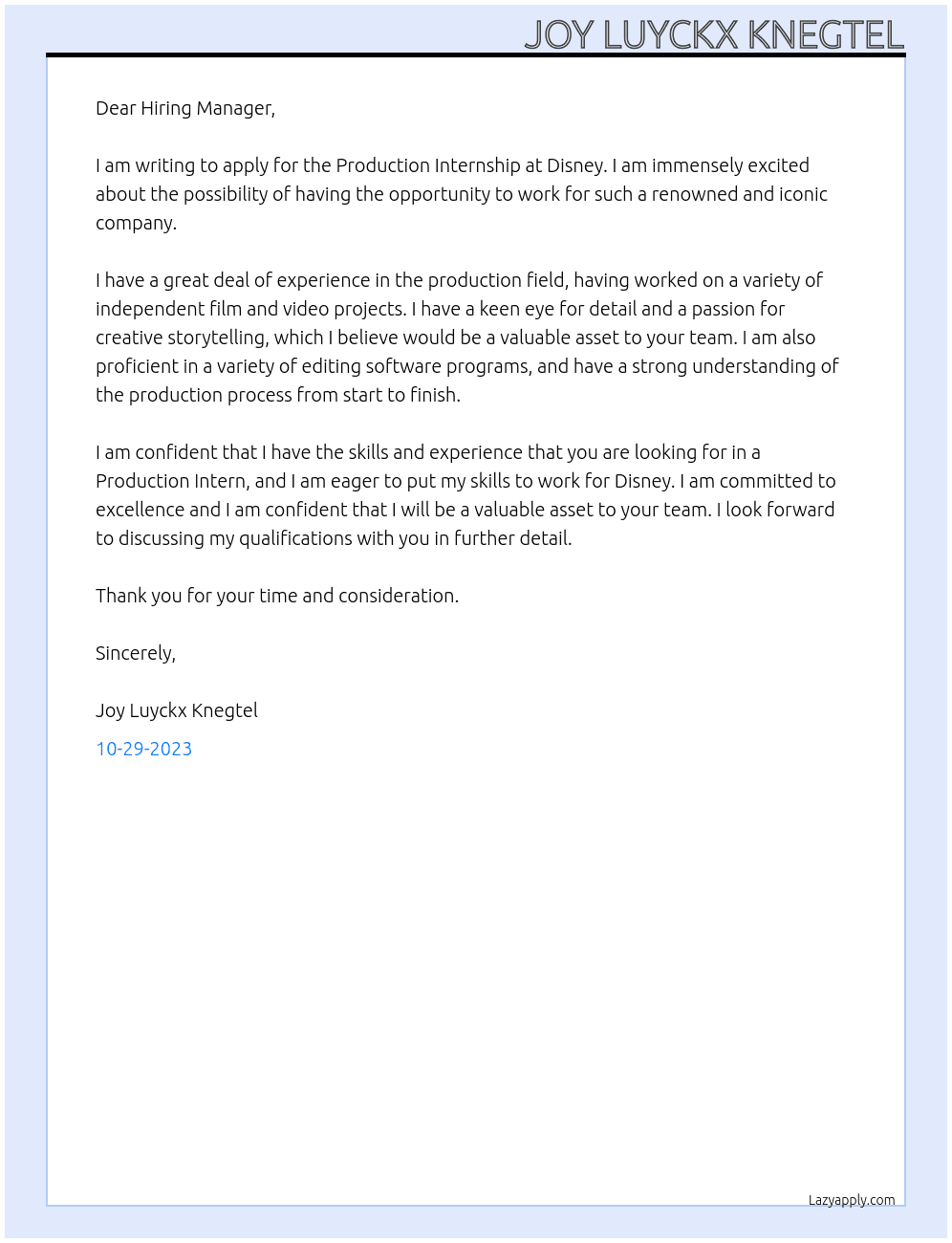 Production internship At Disney Cover Letter