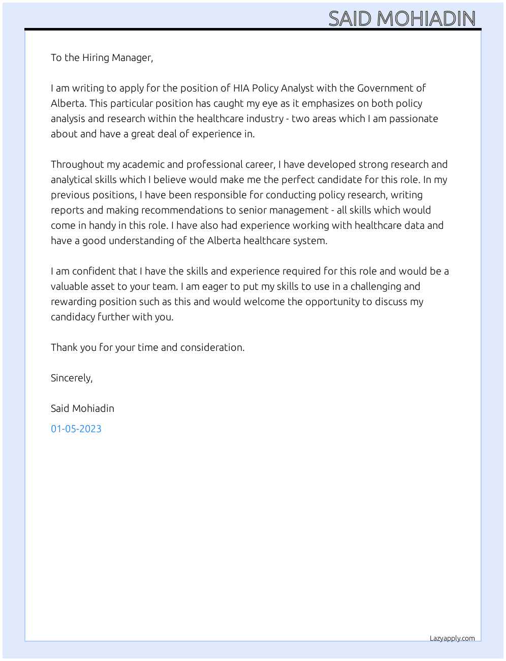 Cover letter for hia policy analyst - LazyApply
