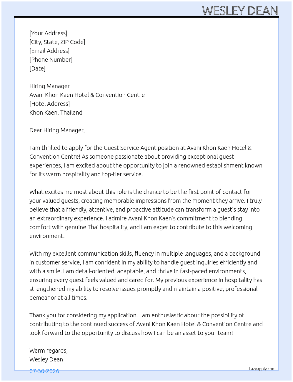 Guest service agent At Avani Khon Kaen Hotel & Convention Centre Cover Letter