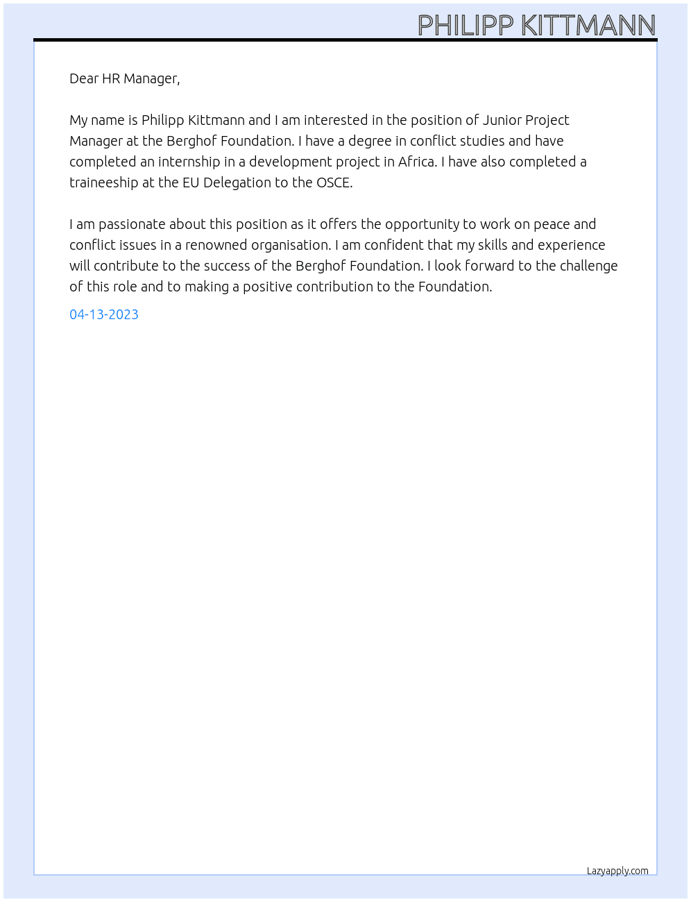 Junior Project Manager  At Berghof Foundation Cover Letter