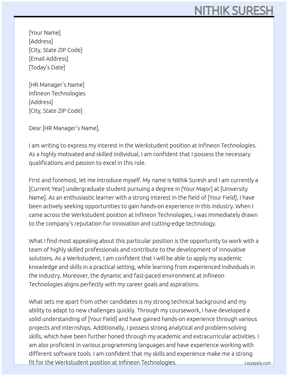 Werkstudent At Infineon Technologies Cover Letter
