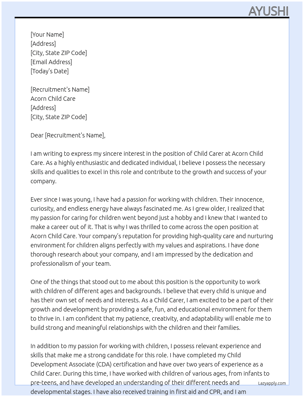 child carer At Acorn child care Cover Letter