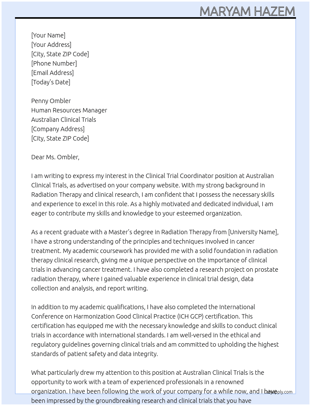 Clinical Trial coordinator At Australian Clinical Trials Cover Letter