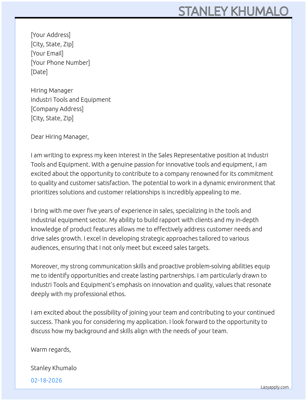 Sales Representative  At Industri tools and equipment  Cover Letter