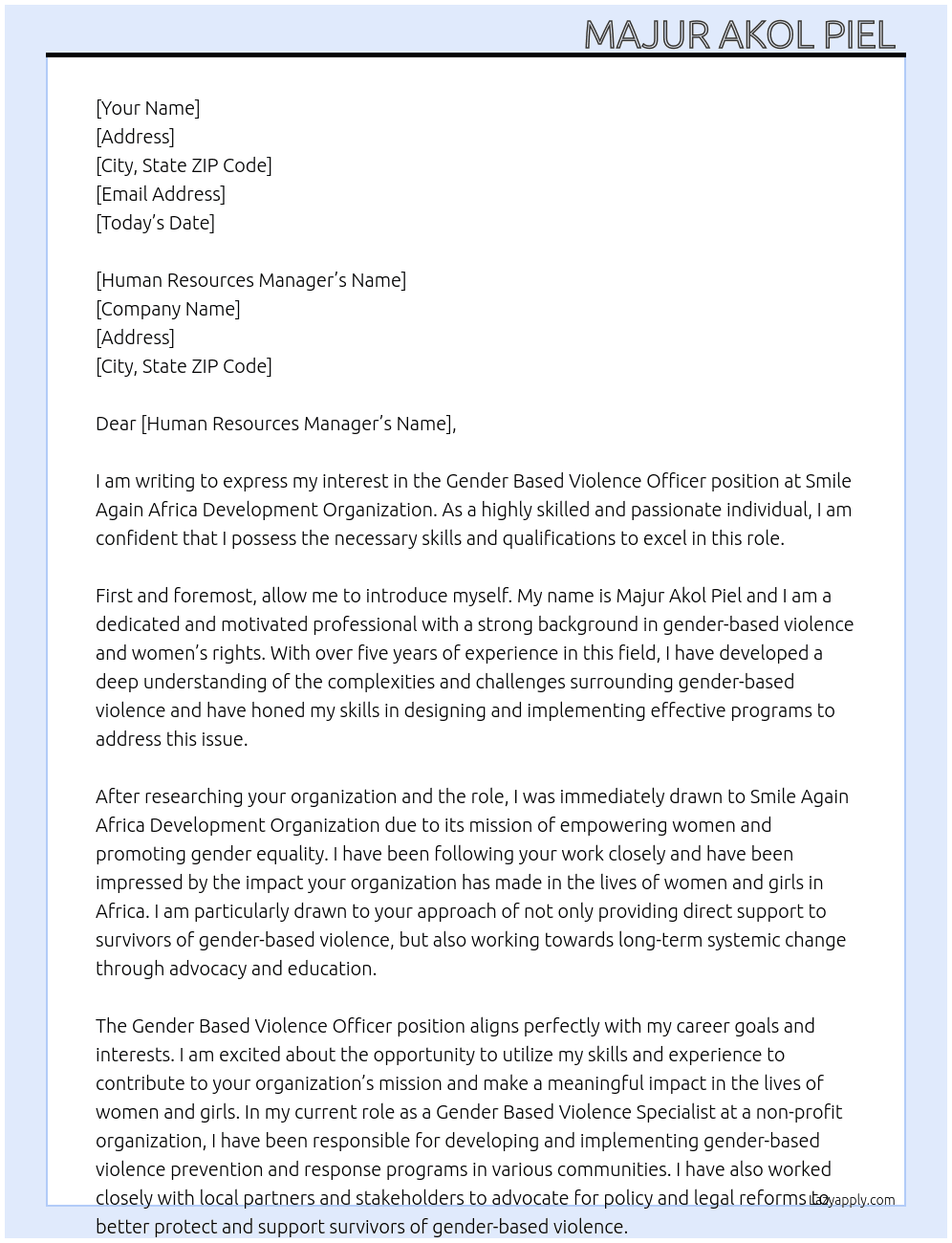 Gender Based Violence Officer At Smile Again Africa Development Organization  Cover Letter