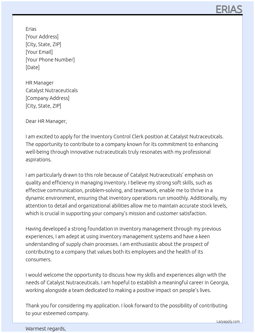 Cover letter for inventory control clerk - LazyApply