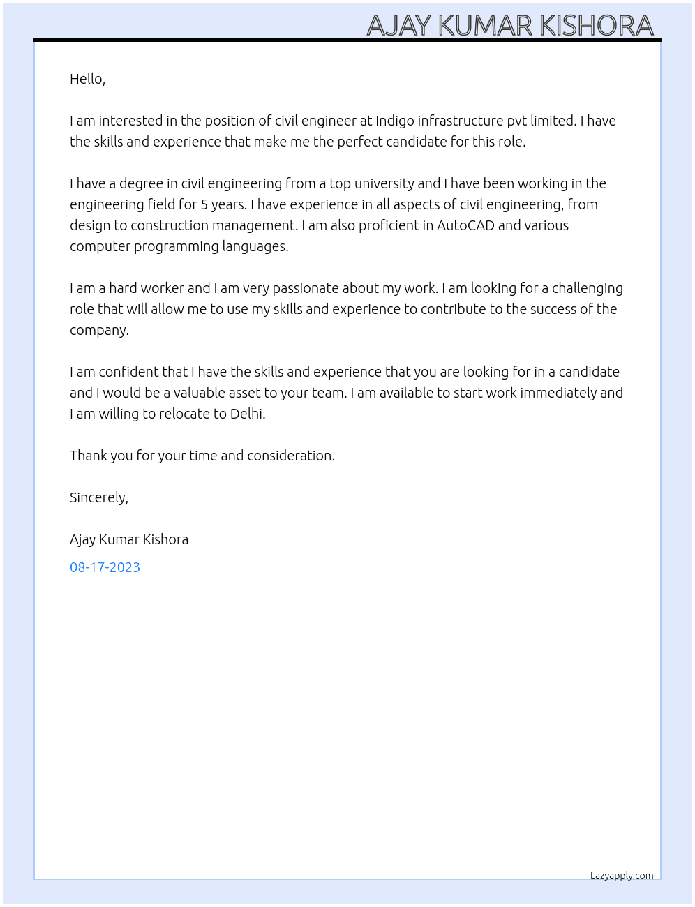 Civil engineer  At Indigo infrastructure pvt limited  Cover Letter
