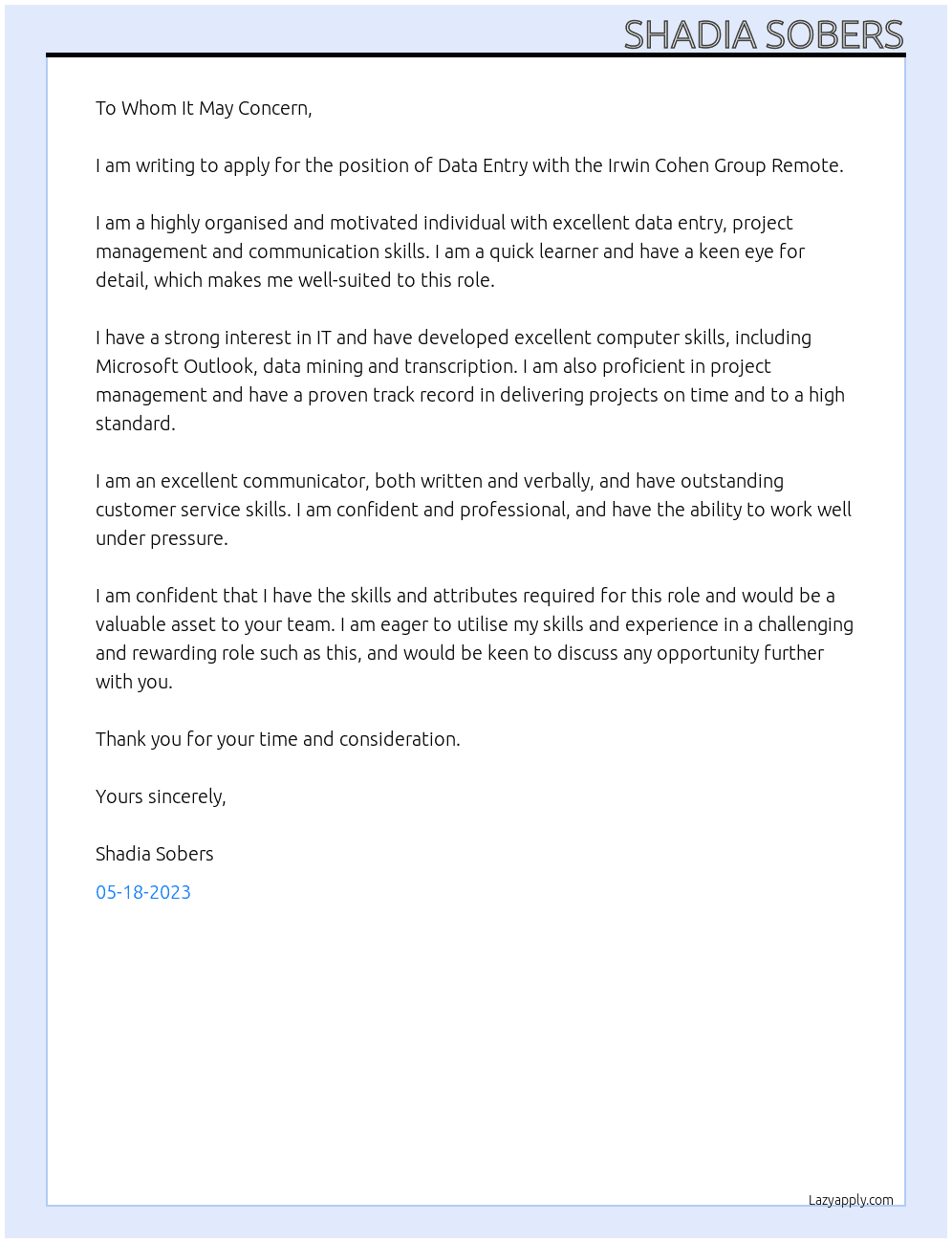 Data Entry At Irwin Cohen Group Remote Cover Letter