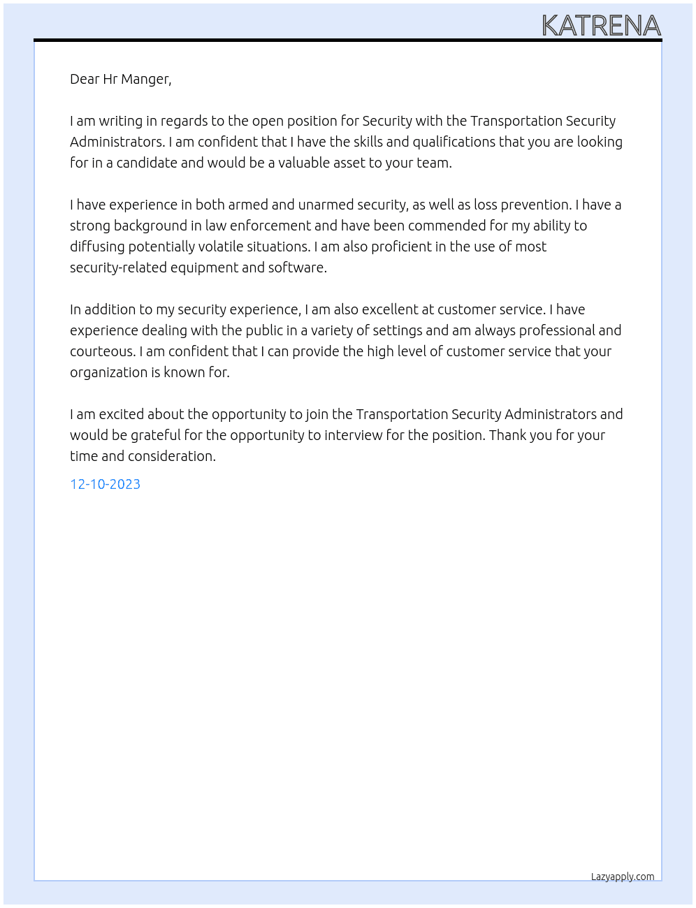 Security  At Transportation Security Administrators  Cover Letter