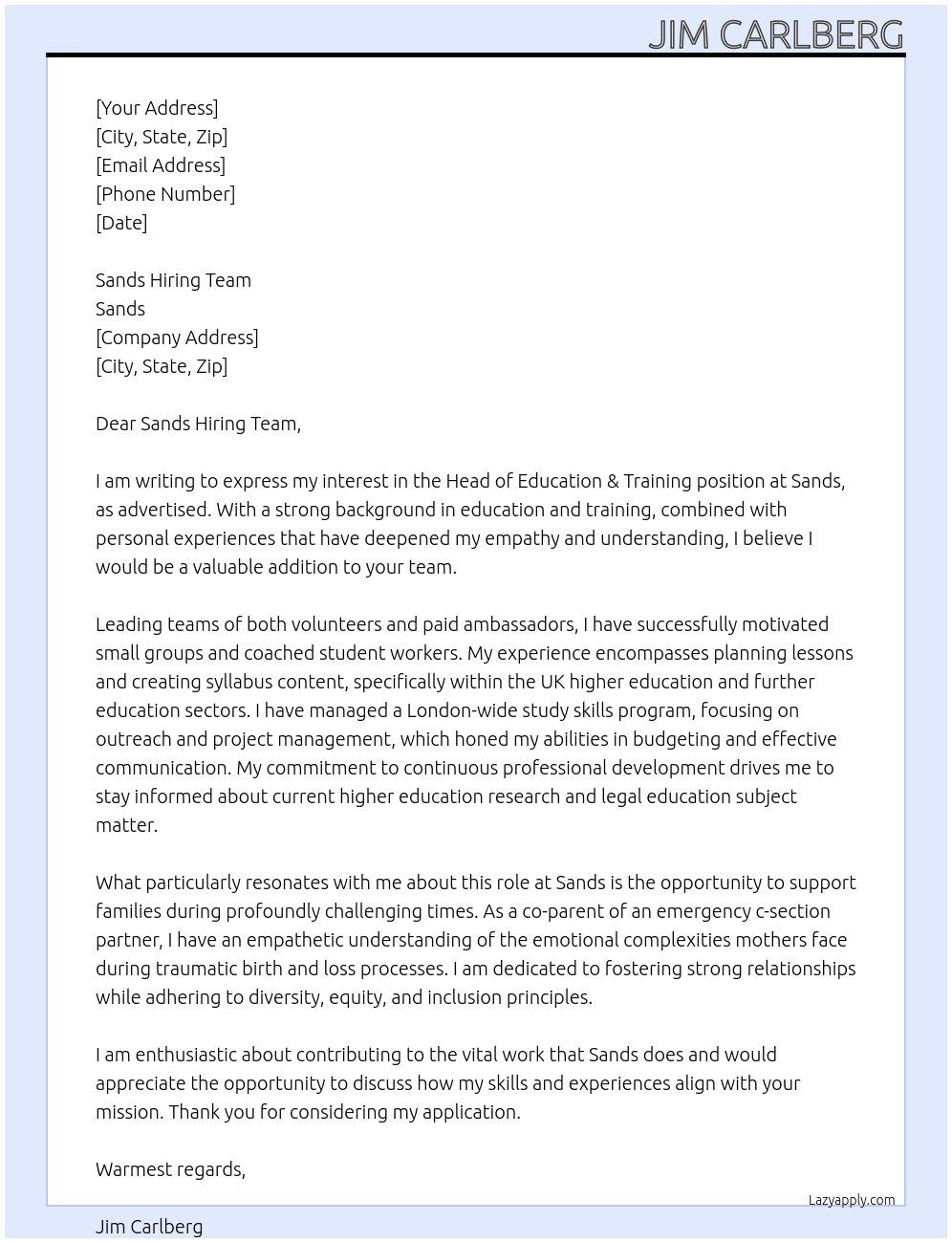 Head of Education & Training At Sands  Cover Letter
