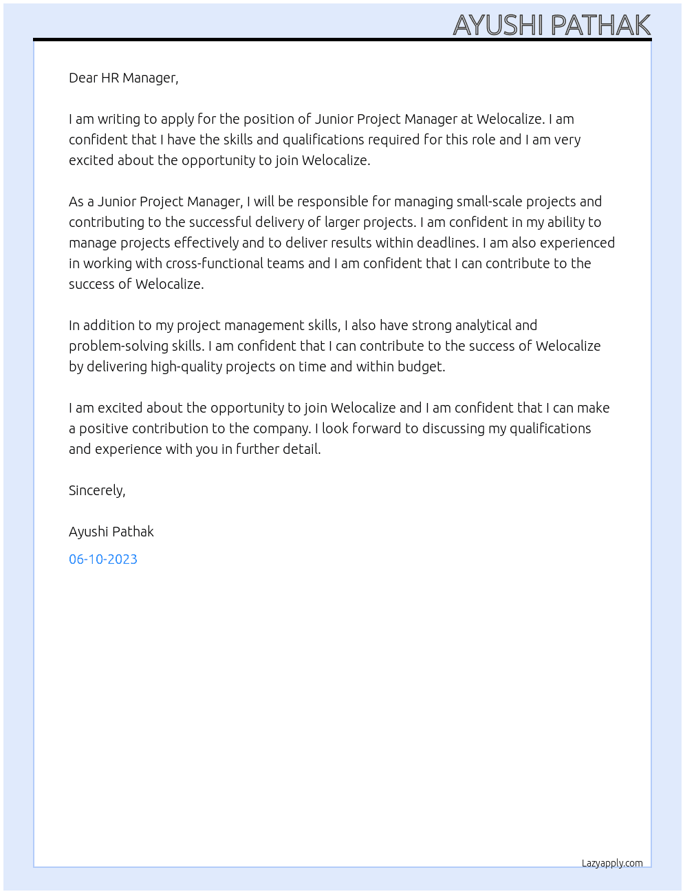 Junior Project Manager At Welocalize Cover Letter