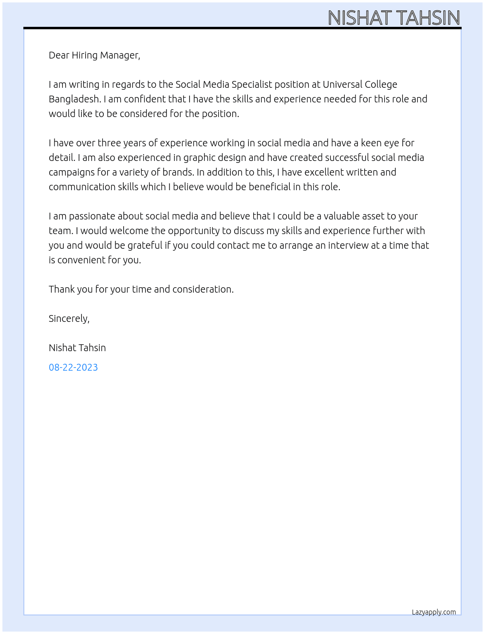 Social Media Specialist At Universal College Bangladesh Cover Letter