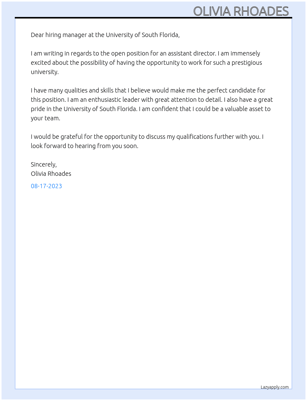Assistant director  At University of south Florida  Cover Letter