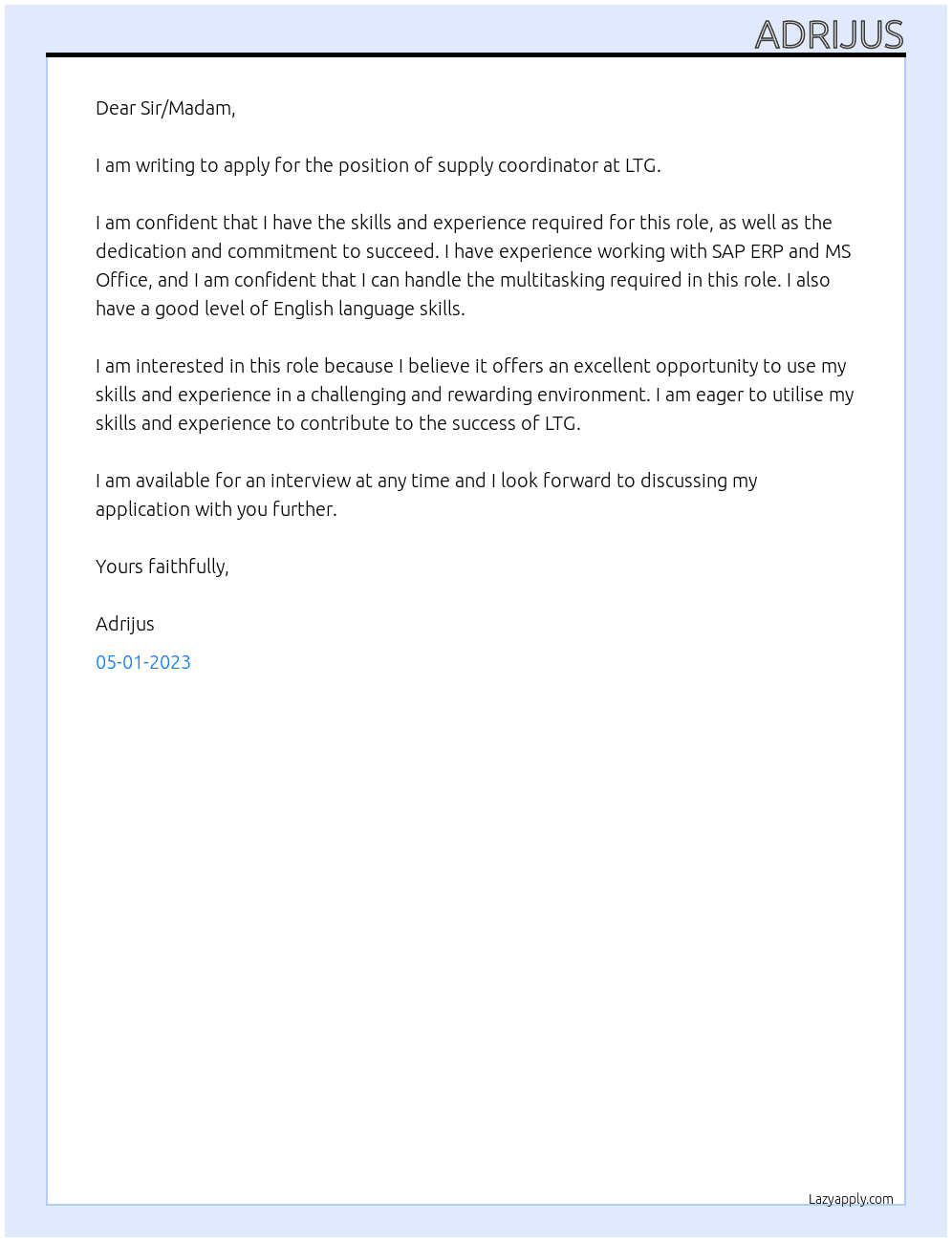 supply coordinator At LTG Cover Letter