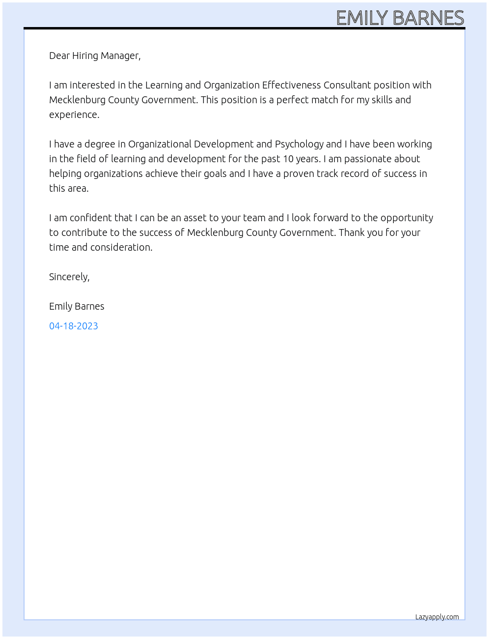Learning and Organization Effectiveness Consultant At Mecklenburg County Government Cover Letter