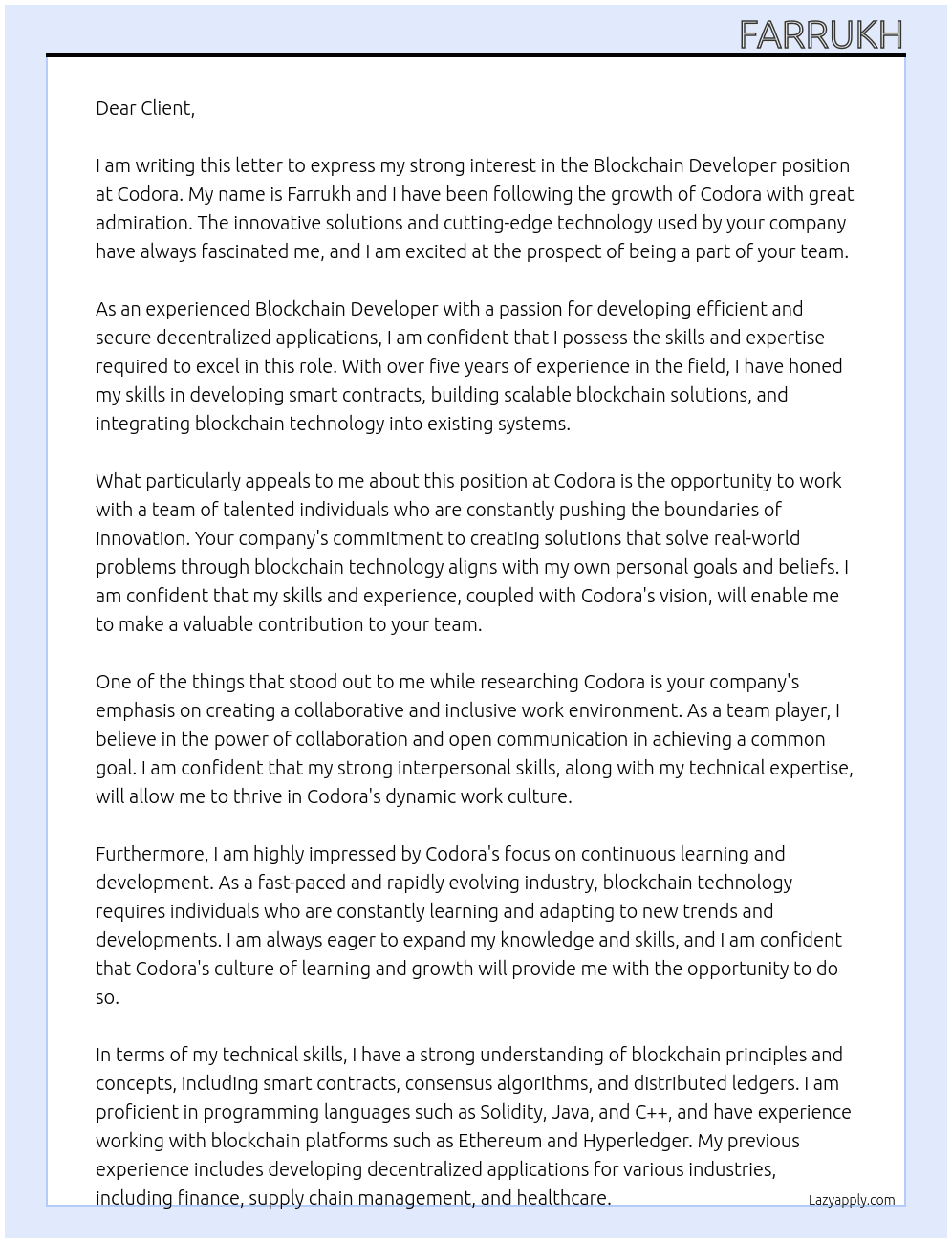 Blockchain developer At Codora Cover Letter