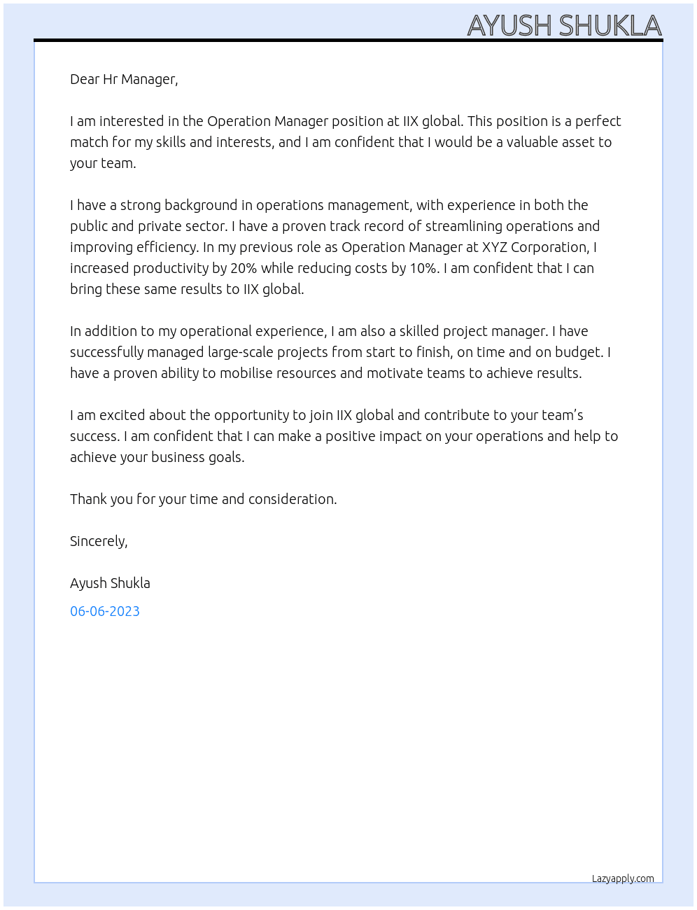 Operation Manager At IIX global Cover Letter