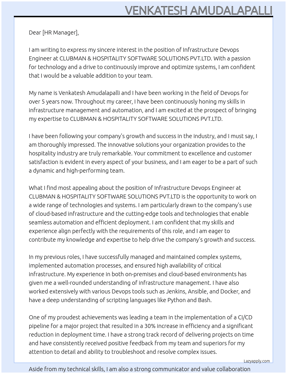 Infrastructure Devops Engineer At CLUBMAN & HOSPITALITY SOFTWARE SOLUTIONS PVT.LTD Cover Letter