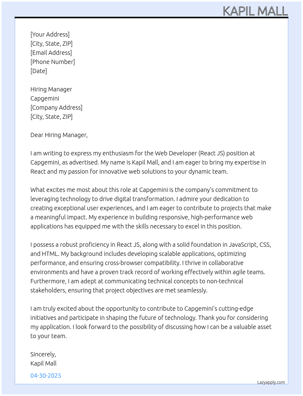 Cover letter for web developer react js - LazyApply