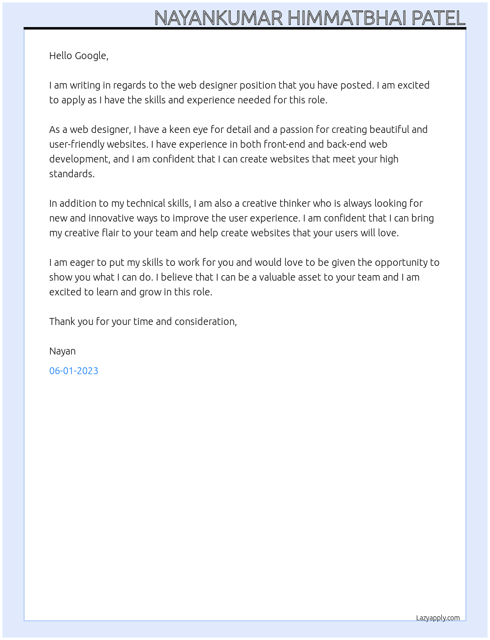 web designer At google Cover Letter