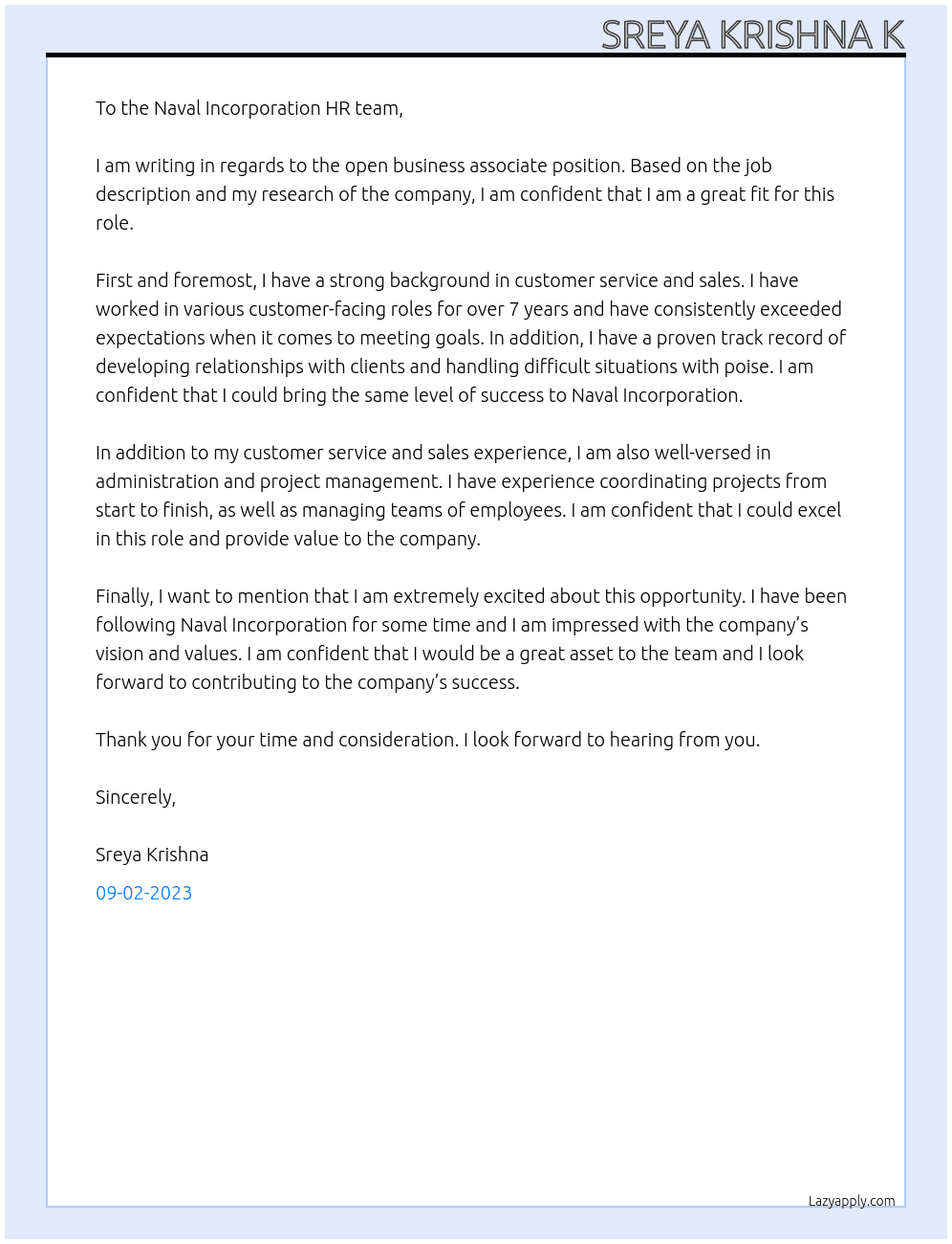 Business associate At Naval Incorporation Cover Letter