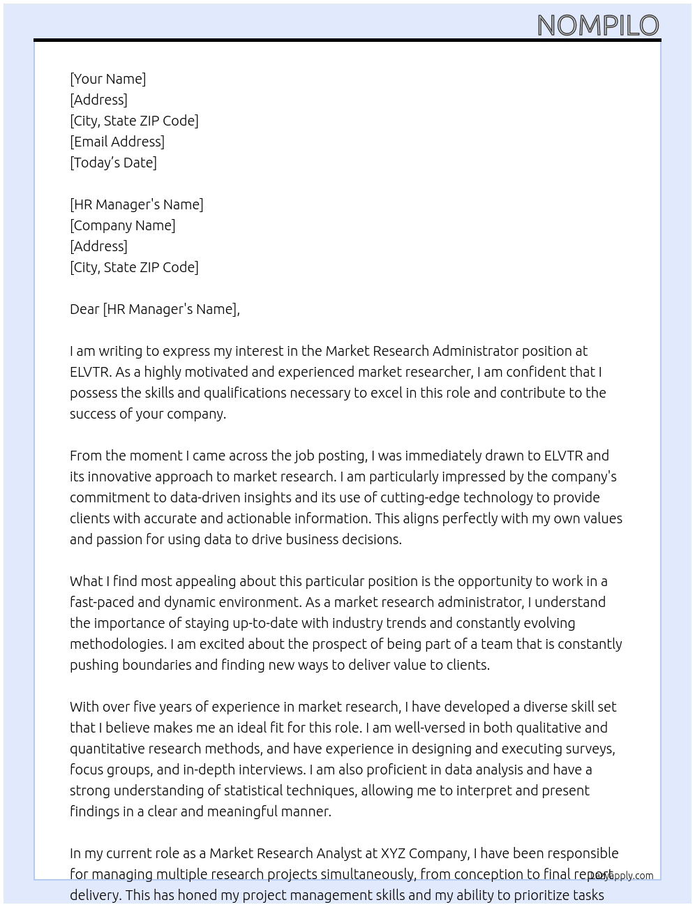 Market Research Administrator At ELVTR Cover Letter