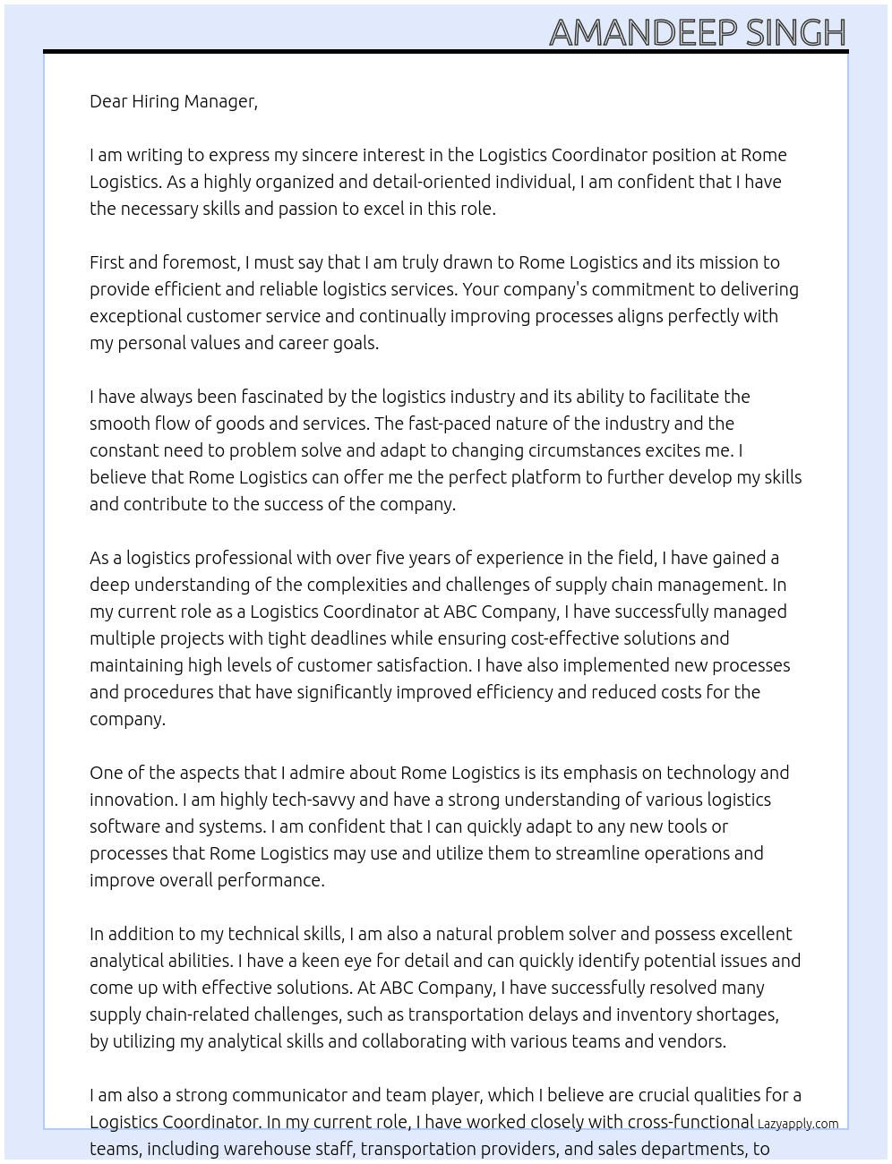 Logistics Coordinator At Rome Logistics Cover Letter