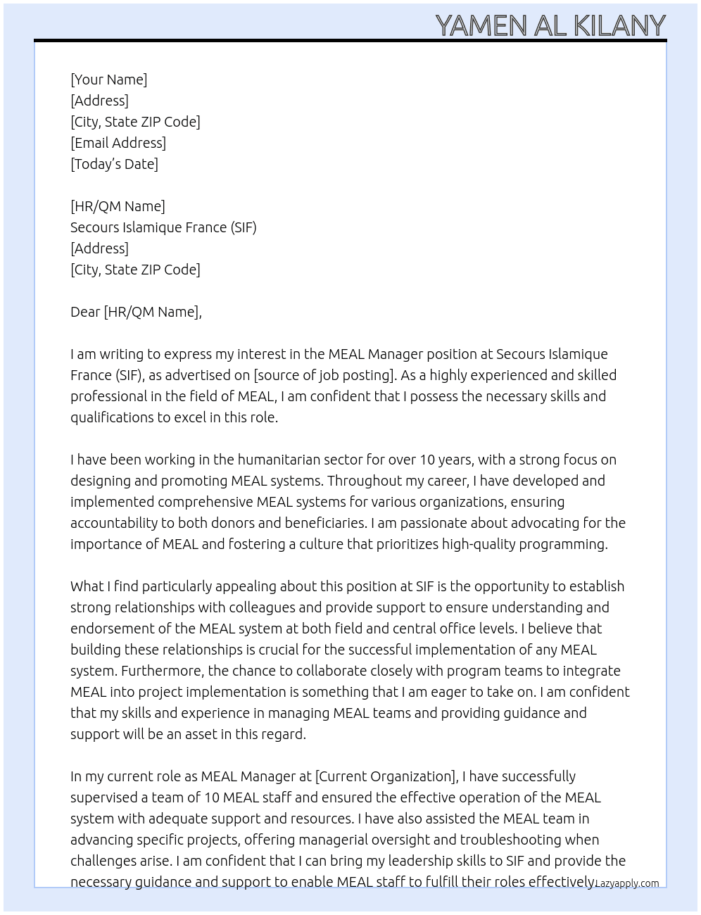 MEAL Manager At Secours Islamique France (SIF) Cover Letter
