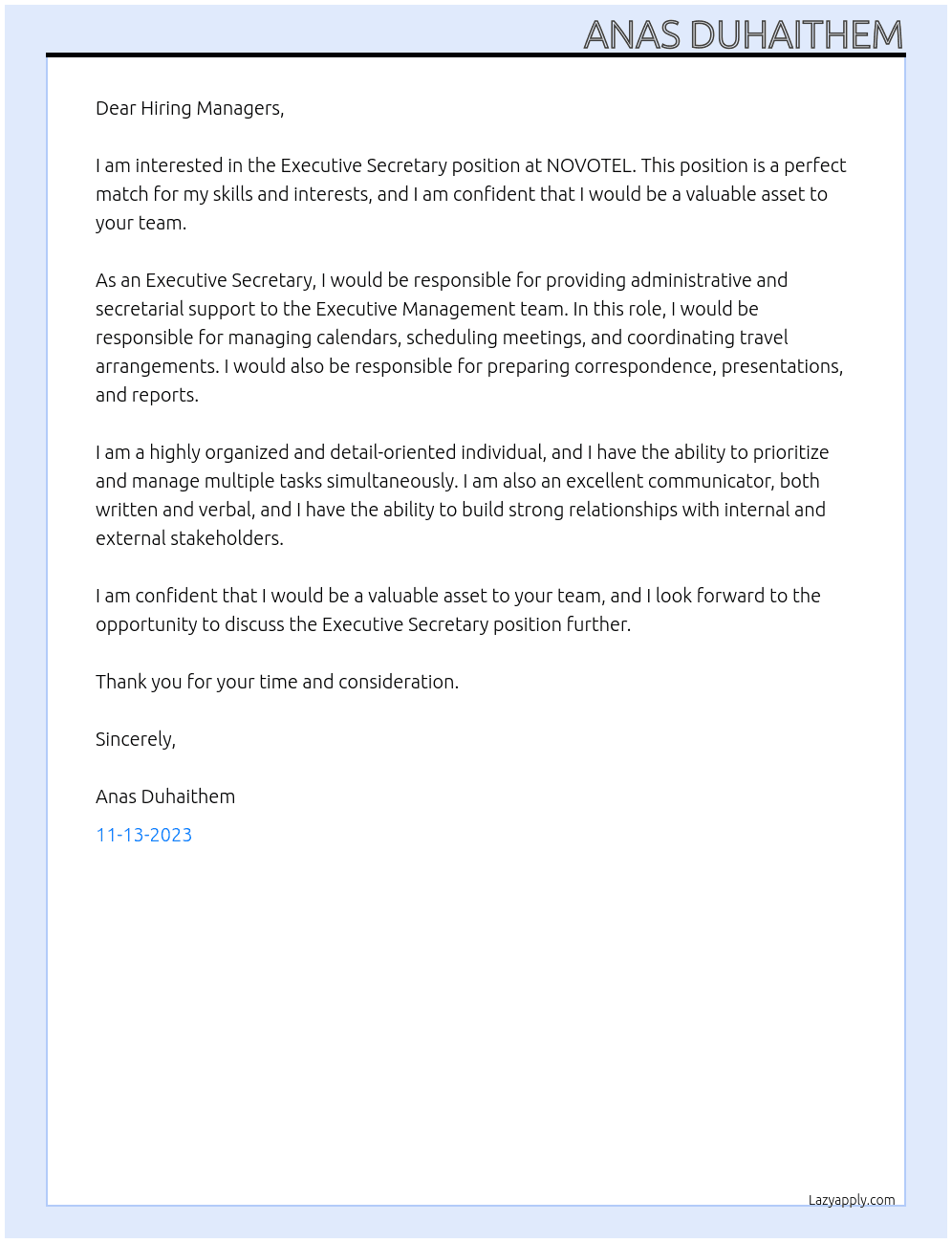Executive Secretary At NOVOTEL Cover Letter