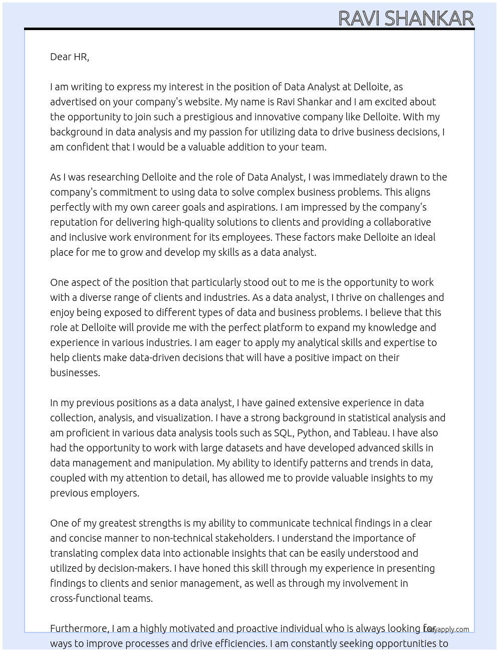 Data Analyst At Delloite Cover Letter