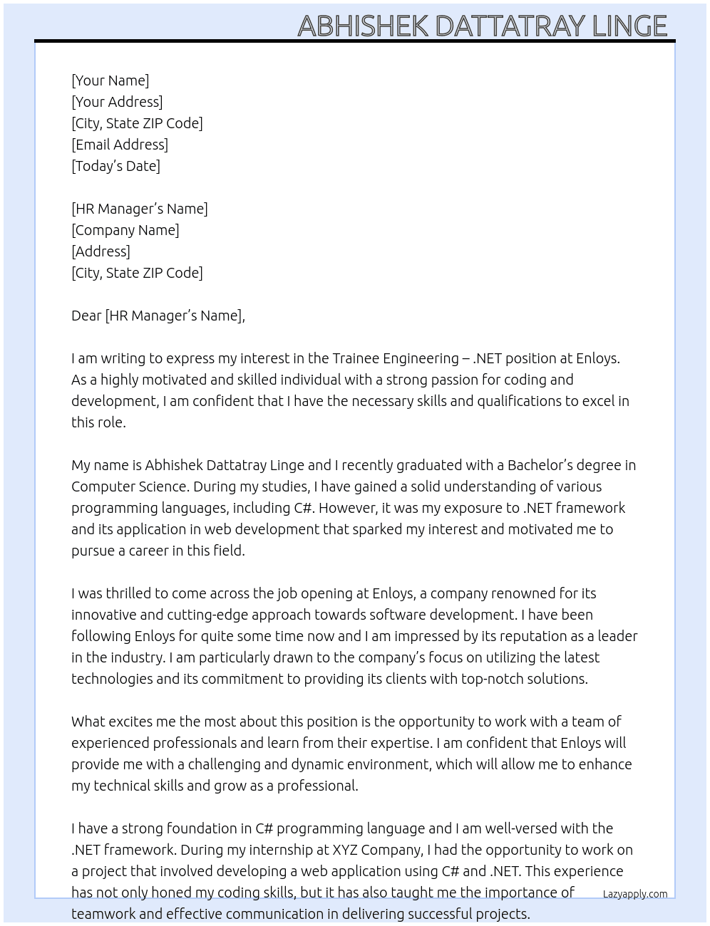 Trainee engineering dot net At Enloys  Cover Letter