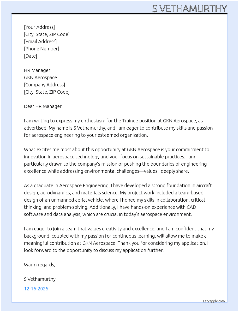Trainee At Gkn Aerospace Cover Letter