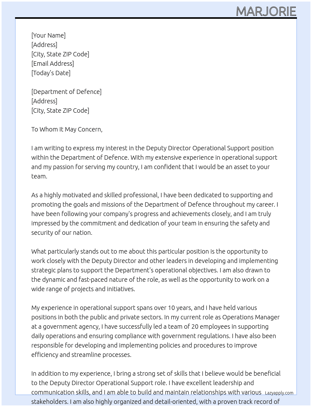 Deputy Director Operational Support At Department of Defence Cover Letter
