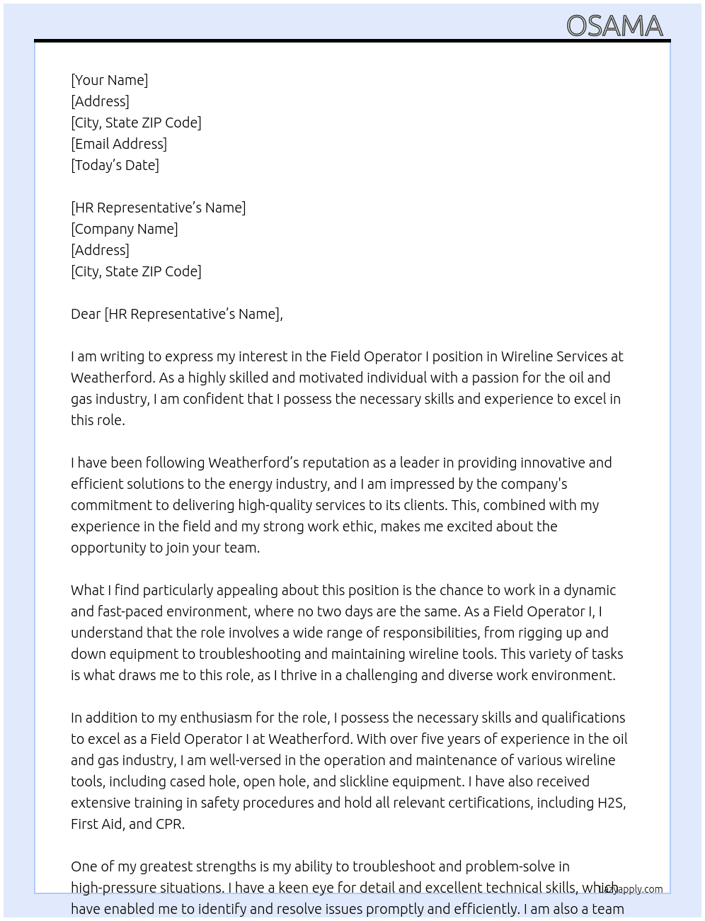 Cover letter for field operator i - wireline services - LazyApply