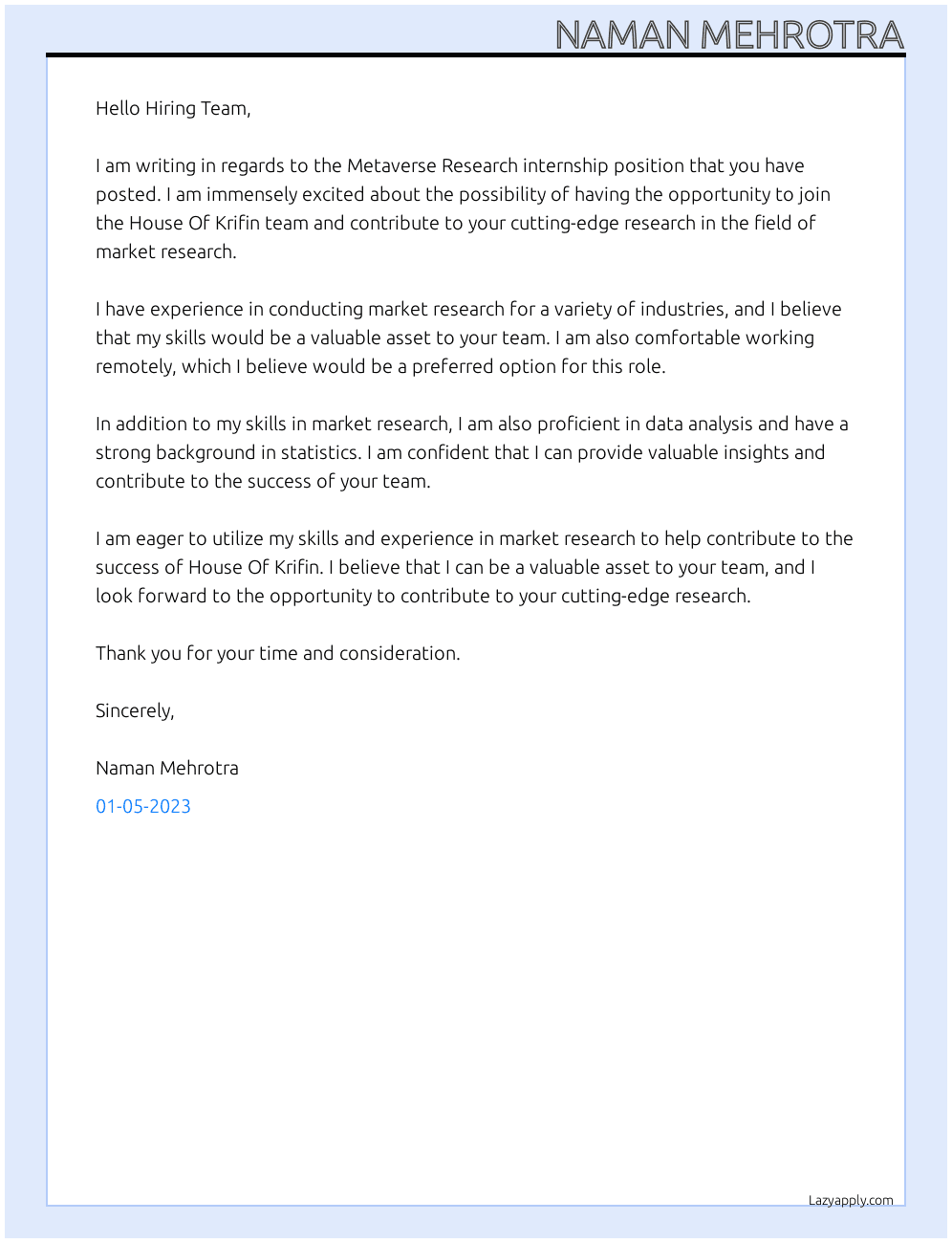 Metaverse Research internship At House Of Krifin Cover Letter