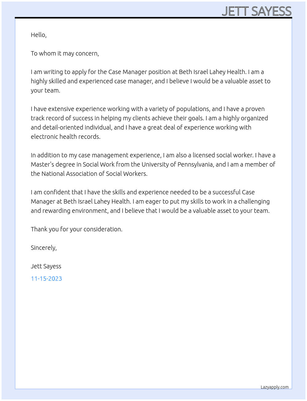 Case Manager At Beth Israel Lahey Health Cover Letter