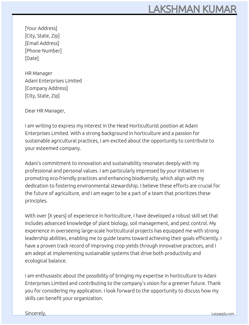 Head horticulturist-CAS  At Adani enterprises limited  Cover Letter