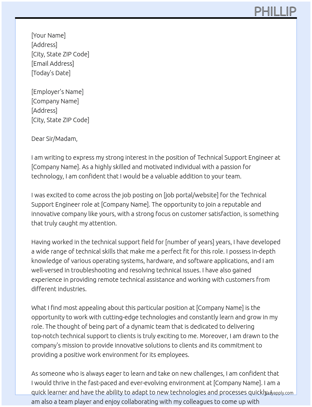 Technical Support Engineer At x Cover Letter