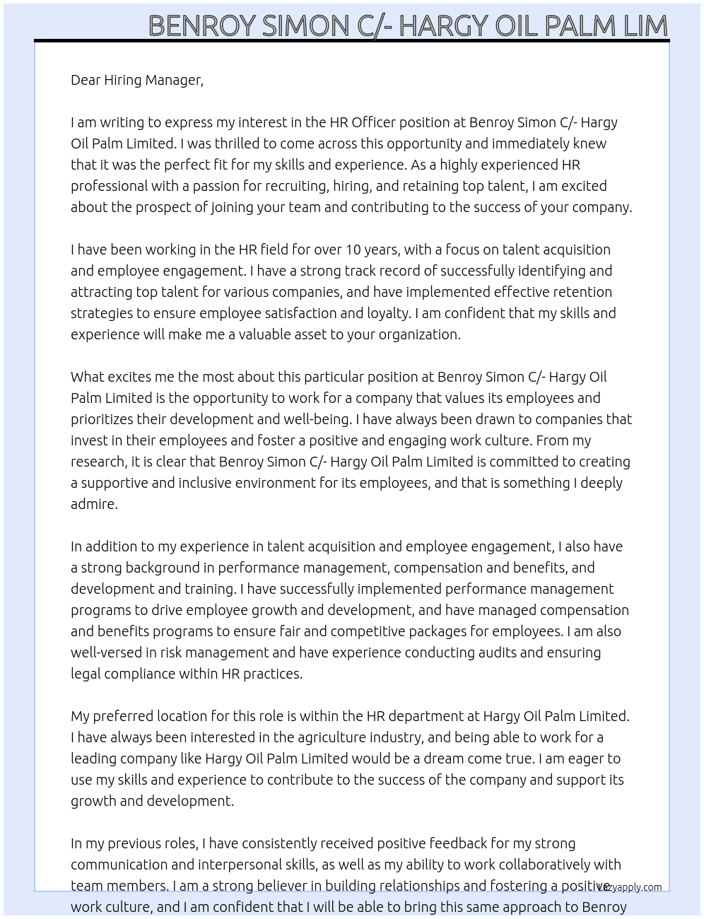 HR Officer At Benroy Simon C/- Hargy Oil Palm Limited Central Vehicle Workshop Department Private Mail Bag, Kimbe bsimon@sipef.com 10th of April, 2024 Cover Letter