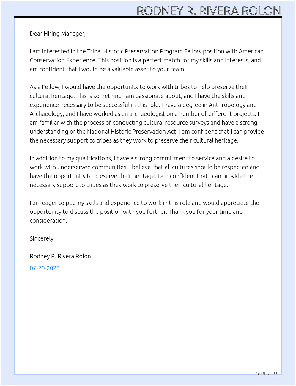 Tribal Historic Preservation Program Fellow  At American Conservation Experience Cover Letter