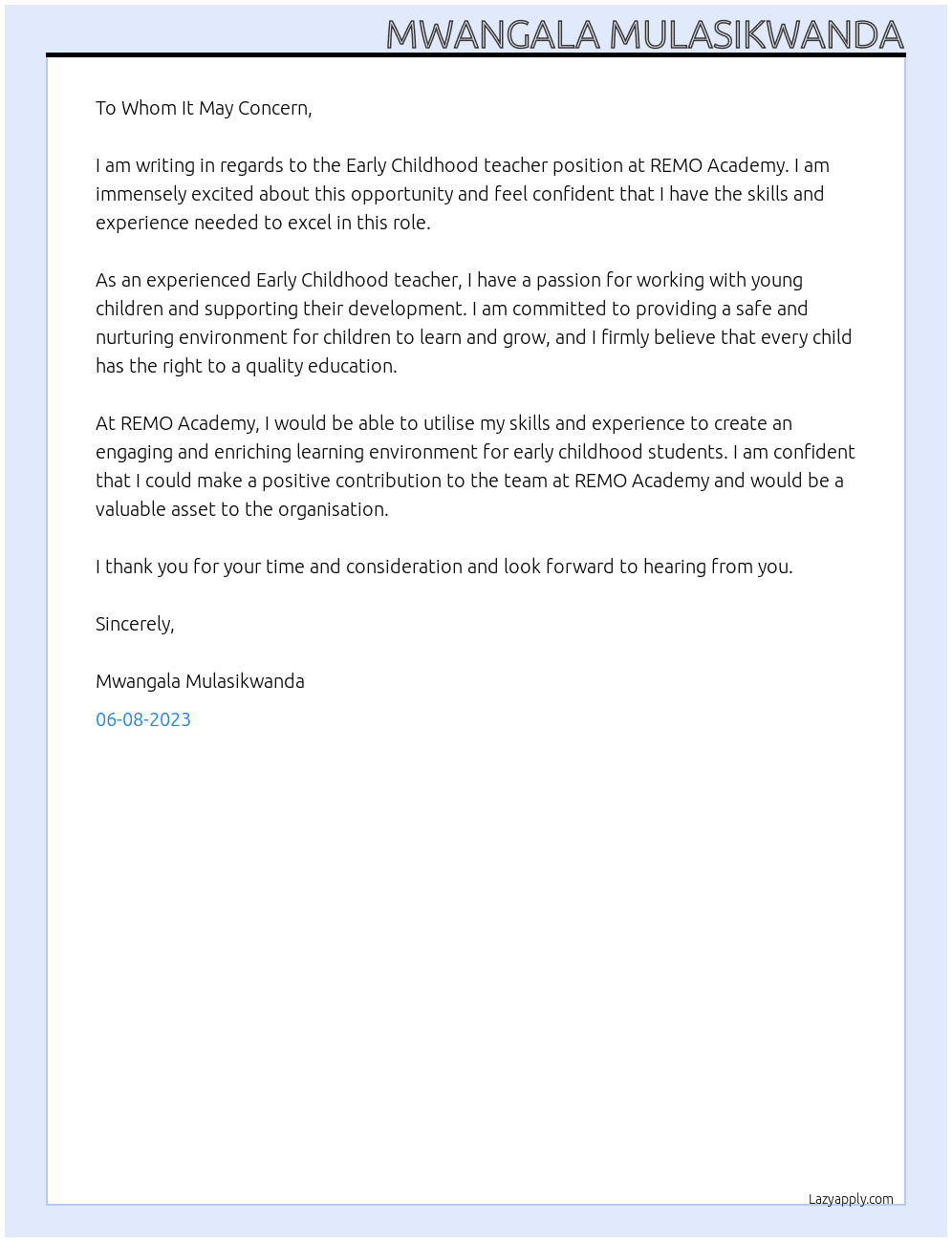 Early Childhood teacher At REMO Academy Cover Letter