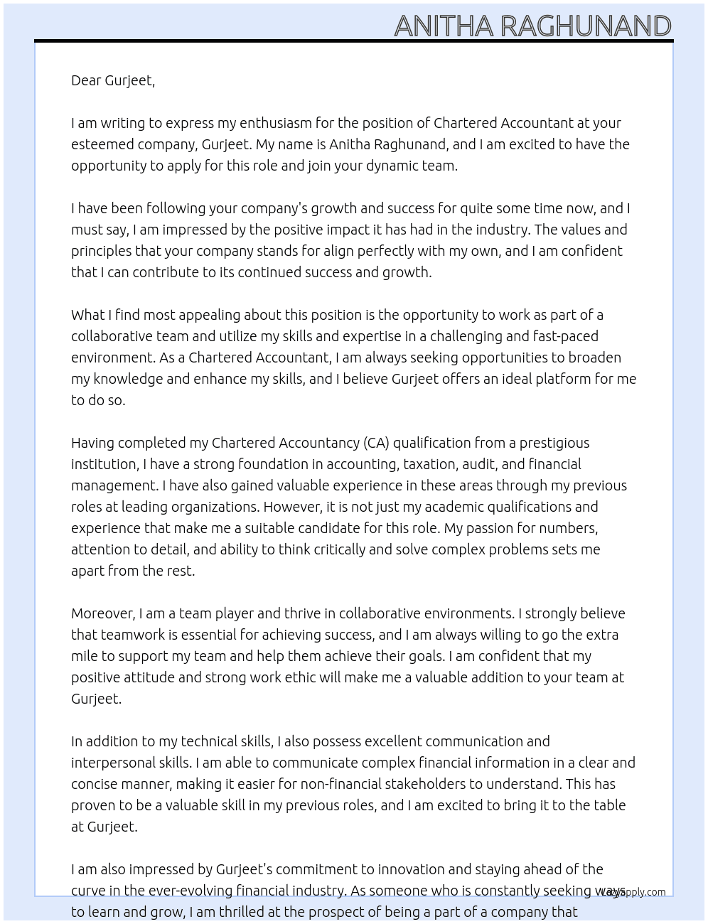 Chartered accountant  At Gurheet Cover Letter