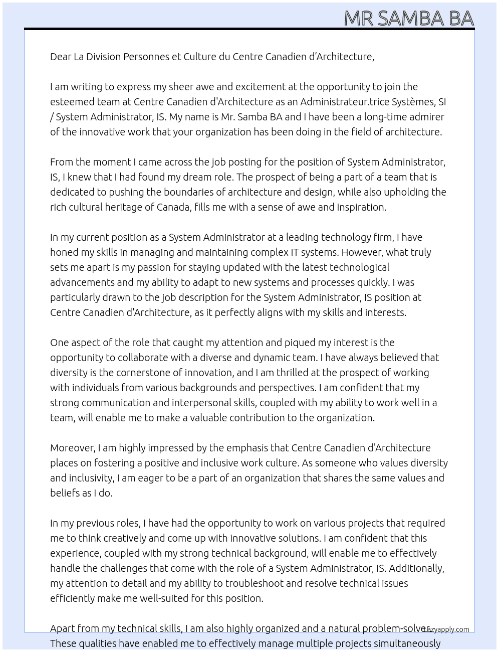 Administrateur.trice Systèmes, SI / System Administrator, IS At Centre Canadien d'Architecture Cover Letter