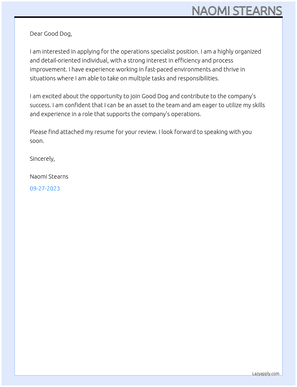 operations specialist At Good Dog Cover Letter