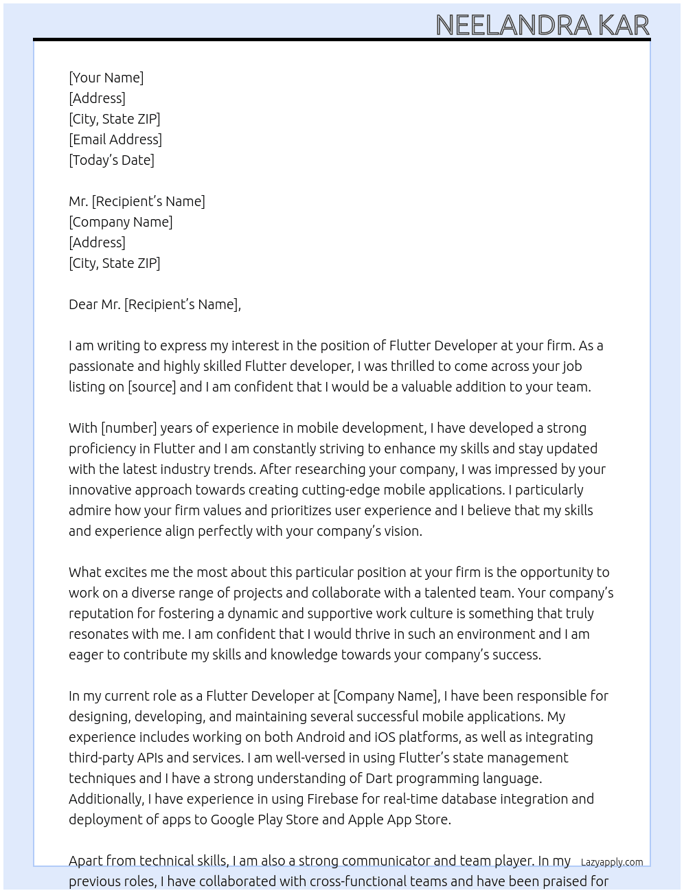Flutter developer At your firm Cover Letter