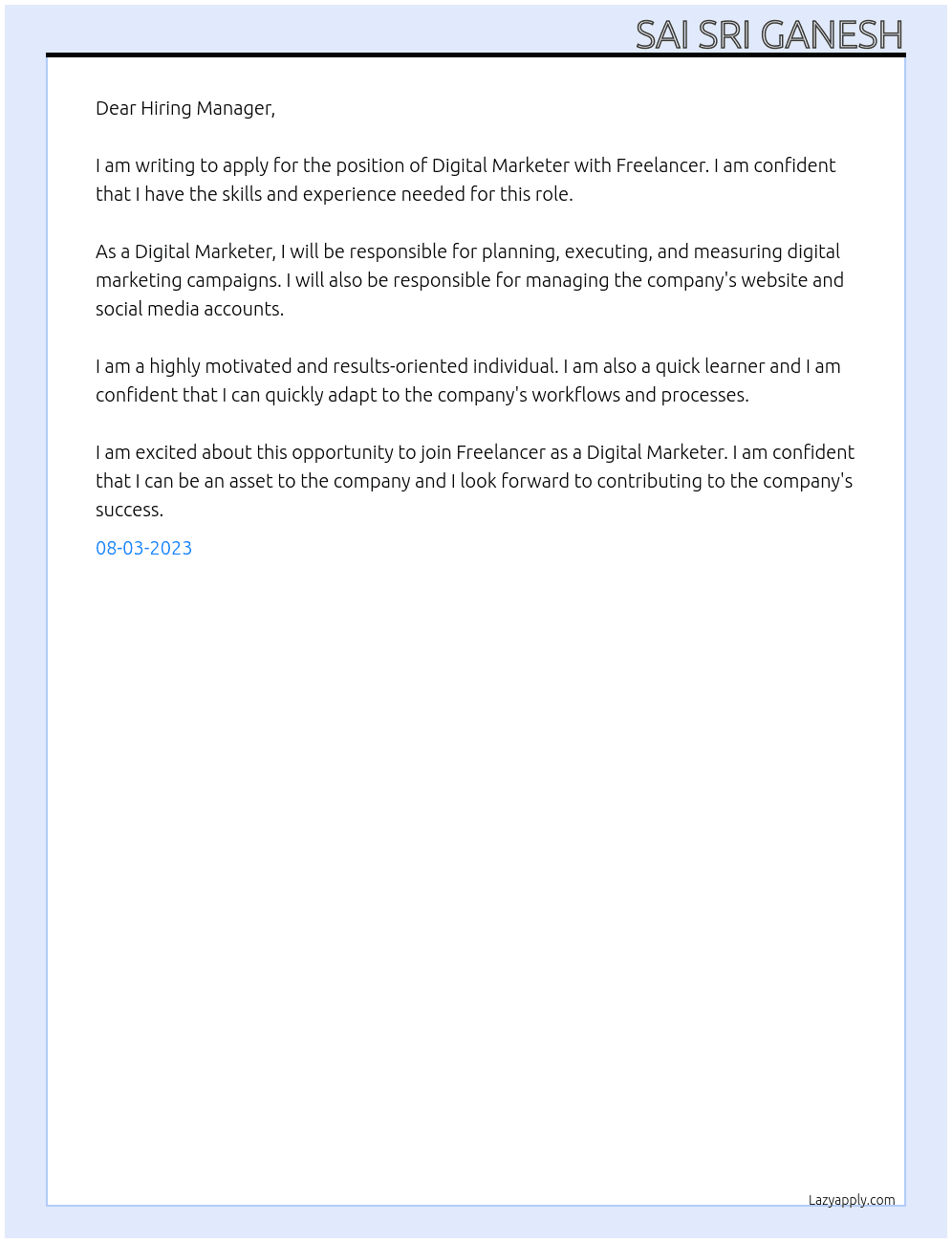 Digital Marketer At Freelancer Cover Letter