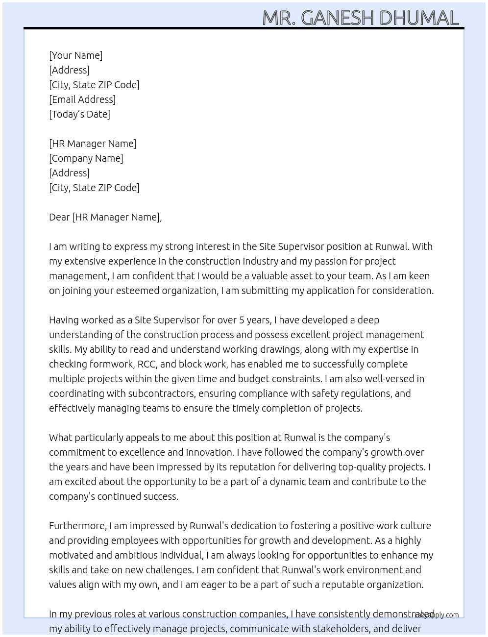 Site supervisor  At Runwal  Cover Letter